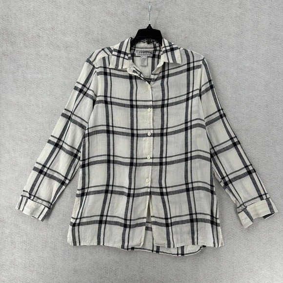 Talbots Collection Blouse Womens 4 Ivory & Black Plaid Button Up 100% Linen Top - Picture 1 of 14